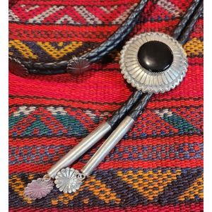 Vintage Native American 1980s Signed R.J. Scott Navajo Sterling Buckle Belt Onyx